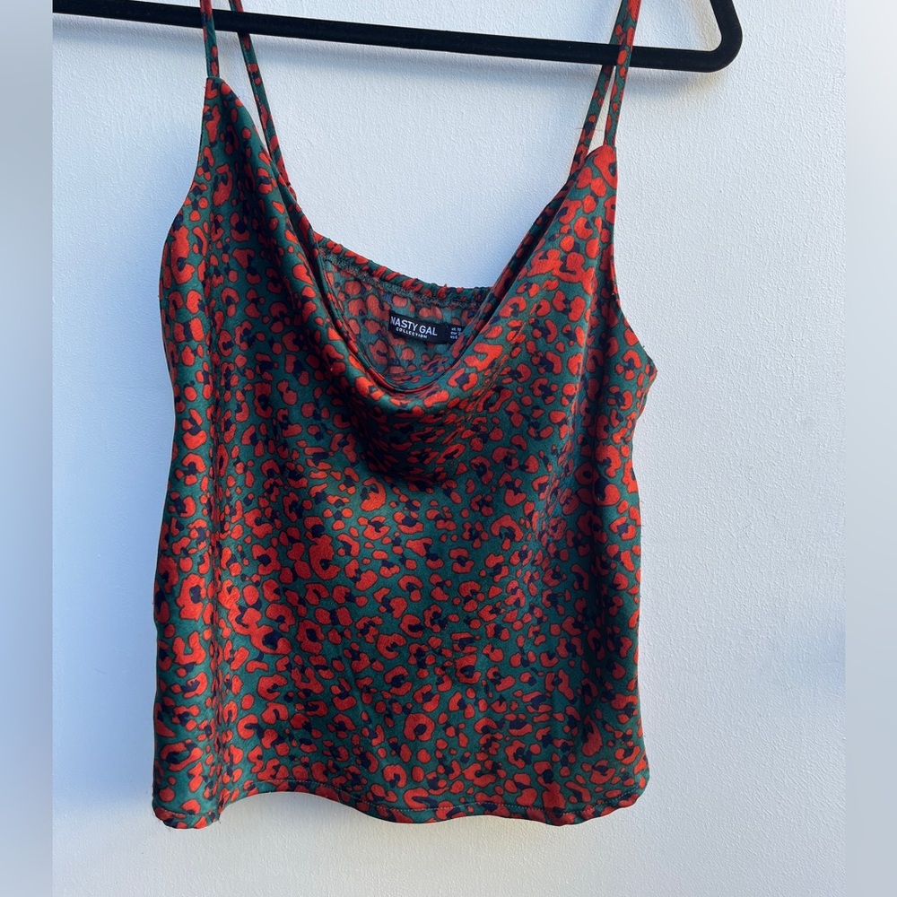 Nasty Gal Red & Green Leopard Print Cowl Neck Cami